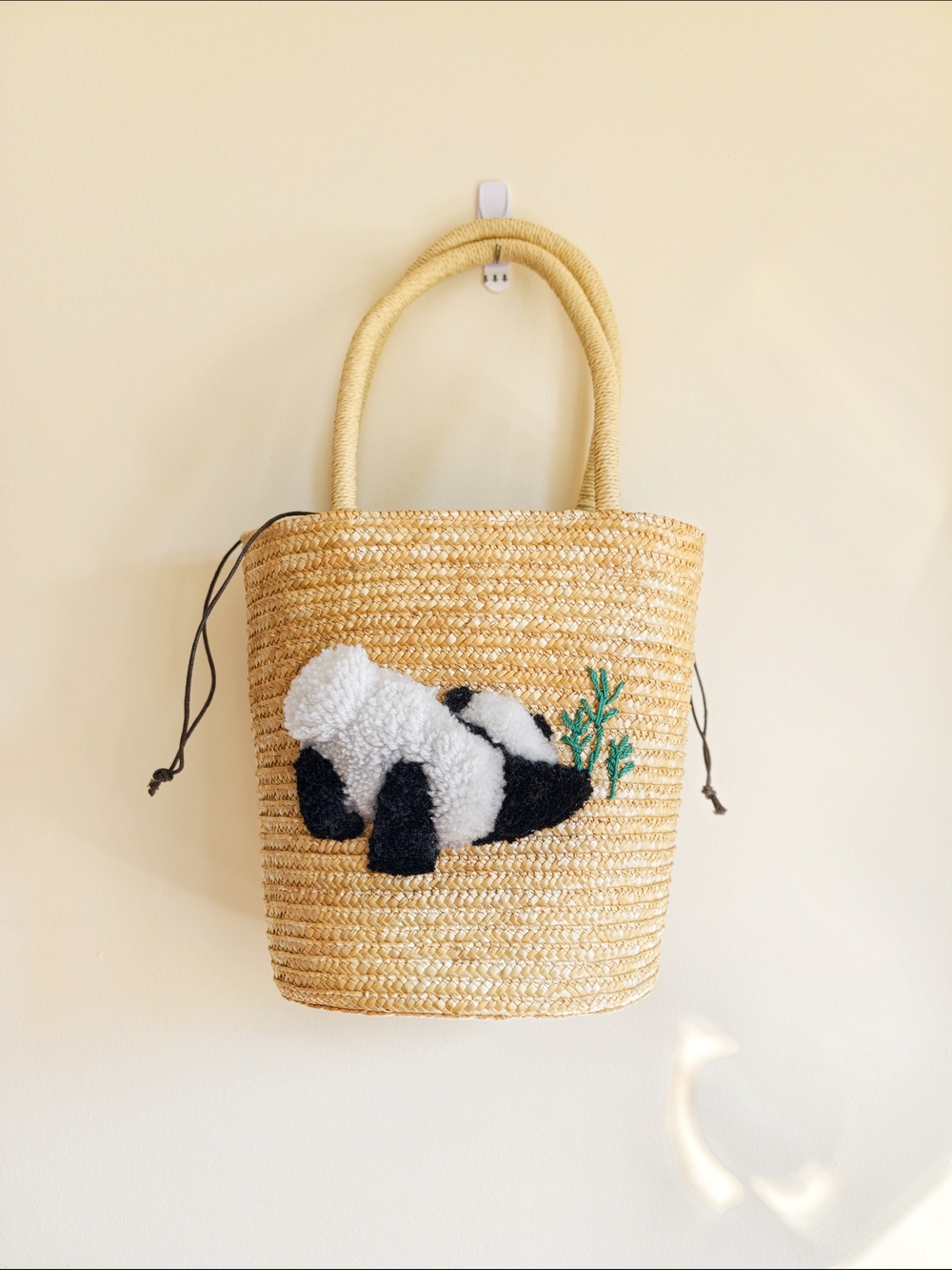 Woven Straw Tote with Panda Patch - Natural Straw